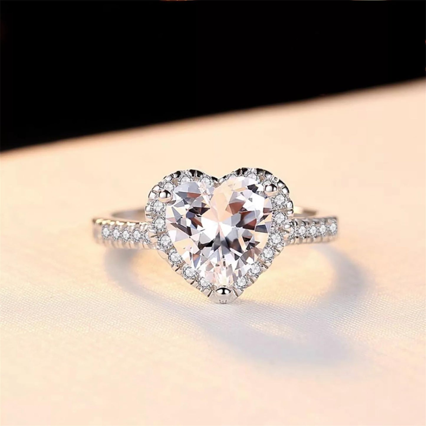 Sterling Silver Solitaire Heart Halo Ring Bezel Setting with Paved CZ Shoulders