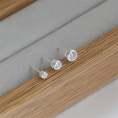 Sterling Silver CZ Solitaire Stud Earrings Round Bezel Set, Simulated Diamond, 3mm-8mm, Clear & Black, Unisex