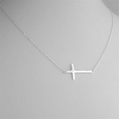 Sterling Silver Reversible Organic Texture Sideways Cross Necklace 42.5cm 16.7"