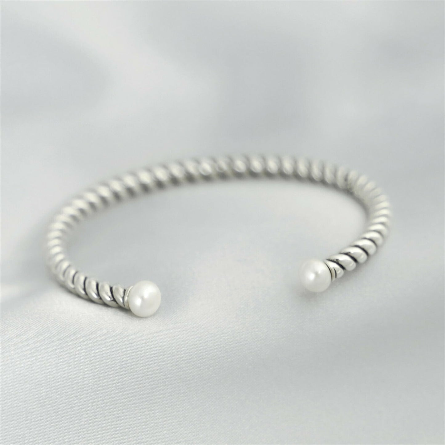 Pearl Twisted Torque Bangle, silver twisted bangle with white pearl accents