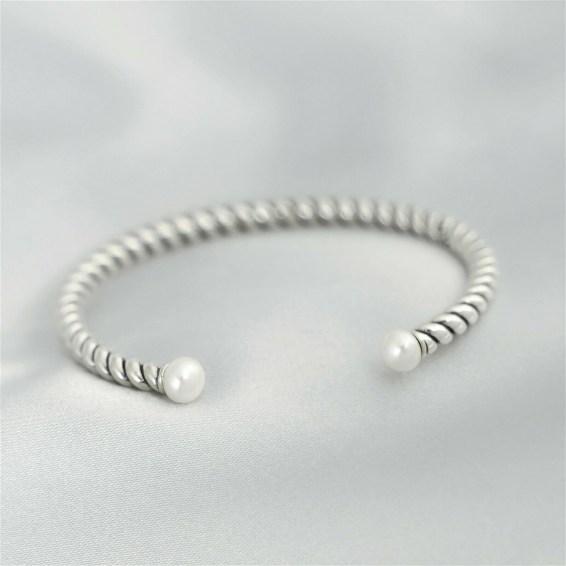 Pearl Twisted Torque Bangle, silver twisted bangle with white pearl accents