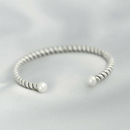 Pearl Twisted Torque Bangle, silver twisted bangle with white pearl accents