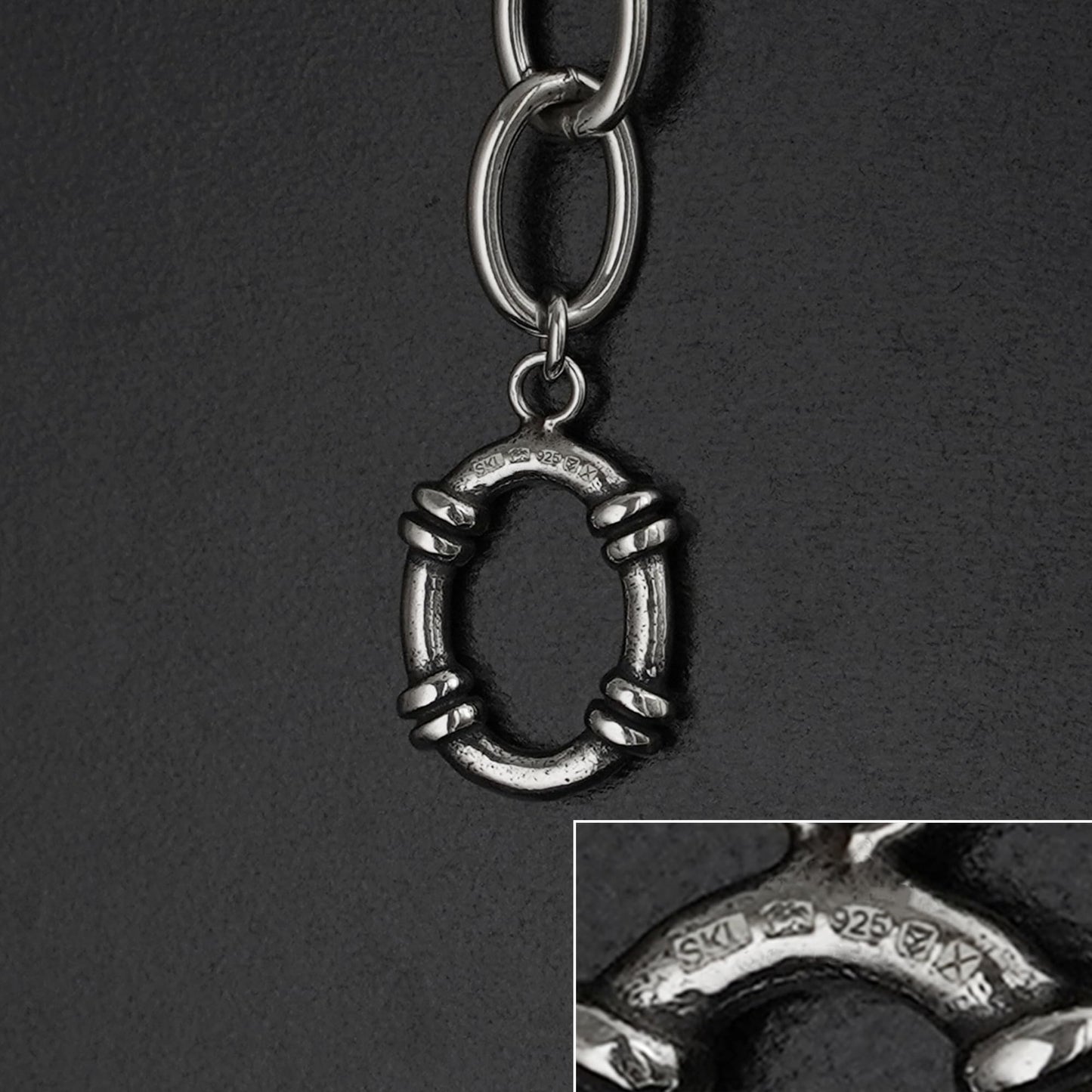 Oxidised T-bar bracelet charm: round hoop with engraved accents and ring link