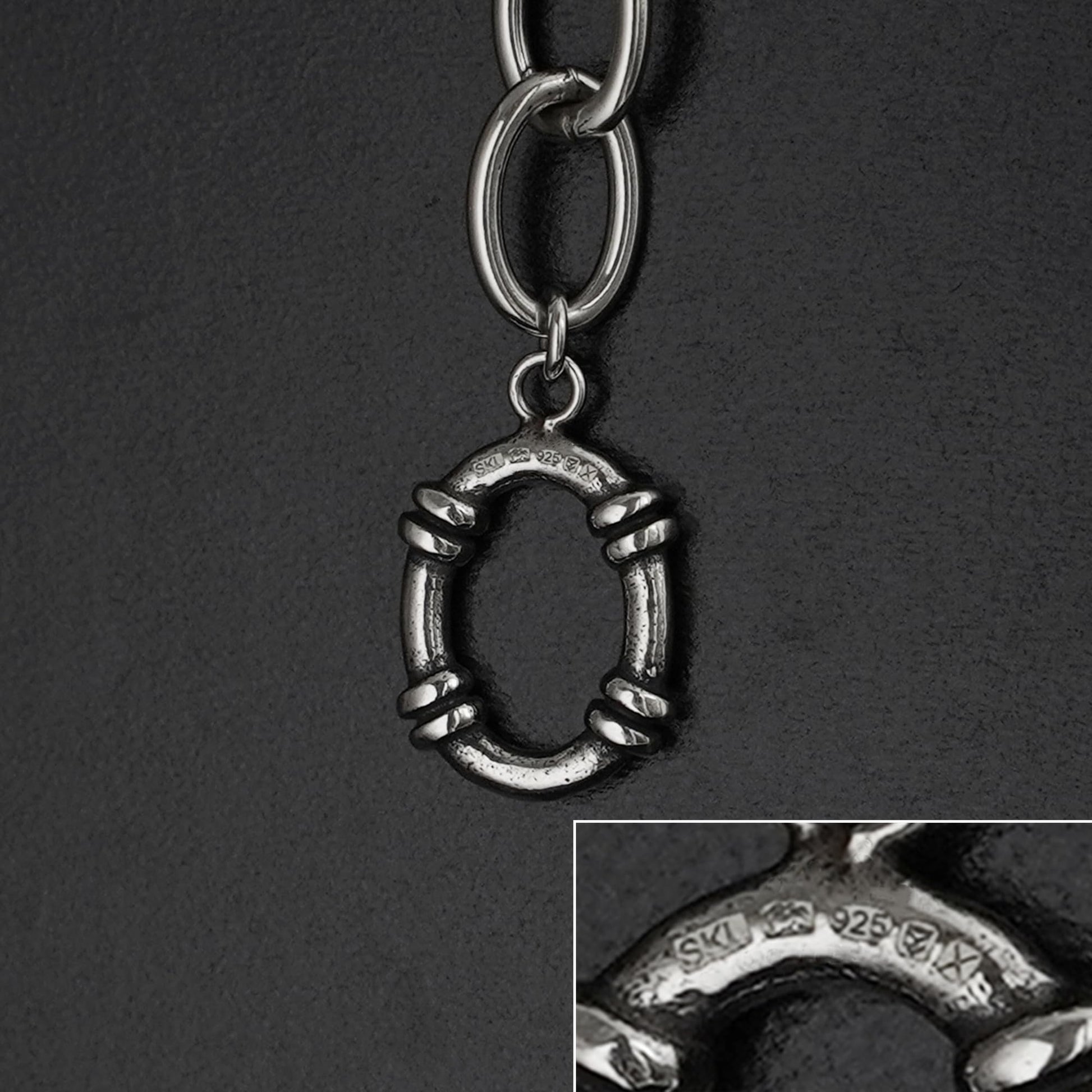 Oxidised T-bar bracelet charm: round hoop with engraved accents and ring link