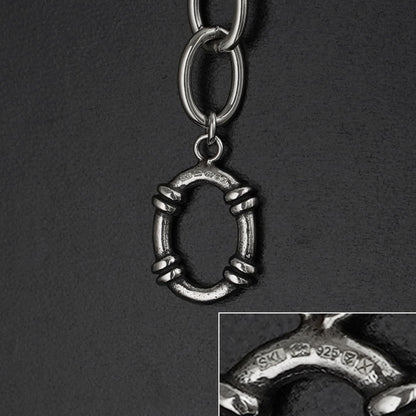 Oxidised T-bar bracelet charm: round hoop with engraved accents and ring link
