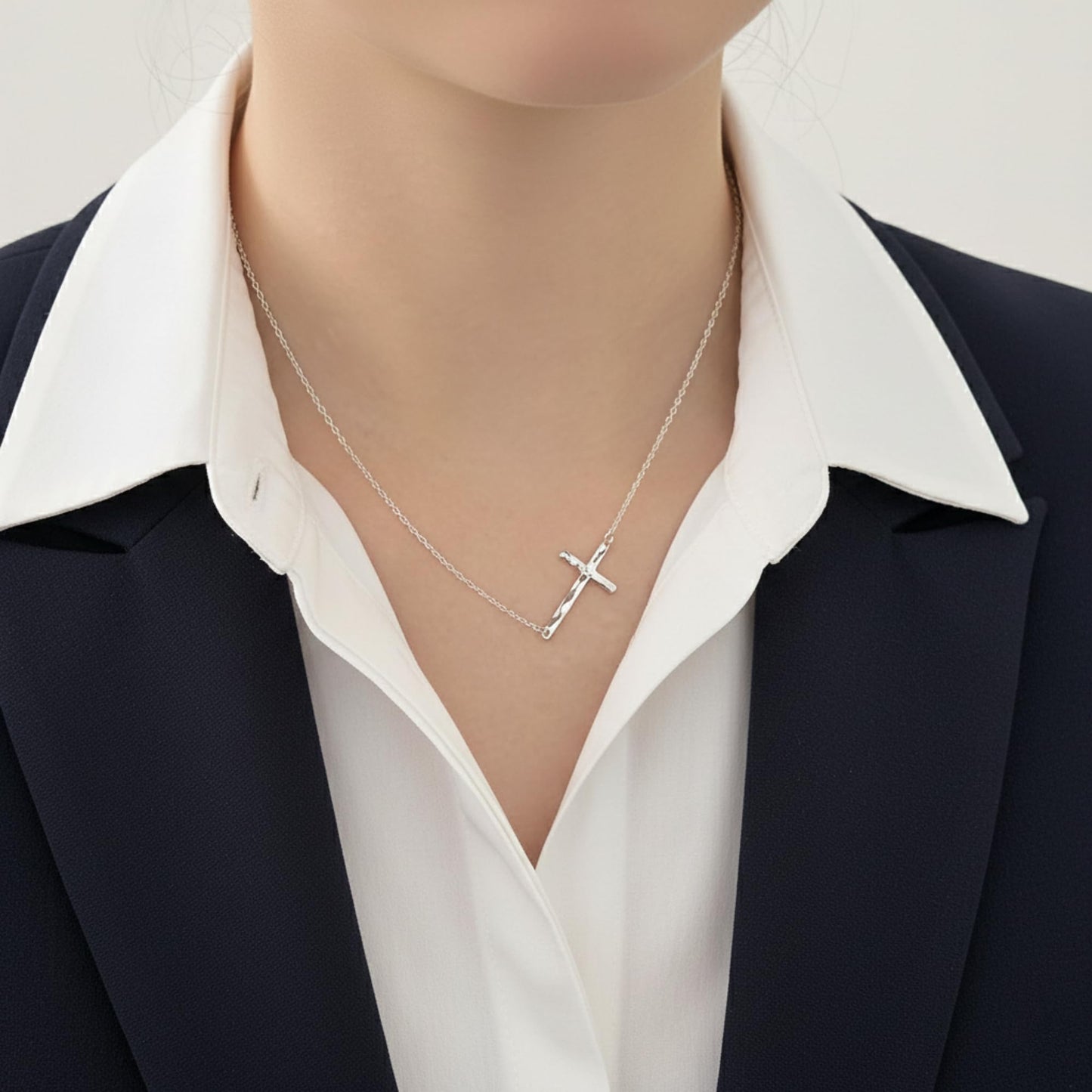 Sterling Silver Reversible Organic Texture Sideways Cross Necklace 42.5cm 16.7"