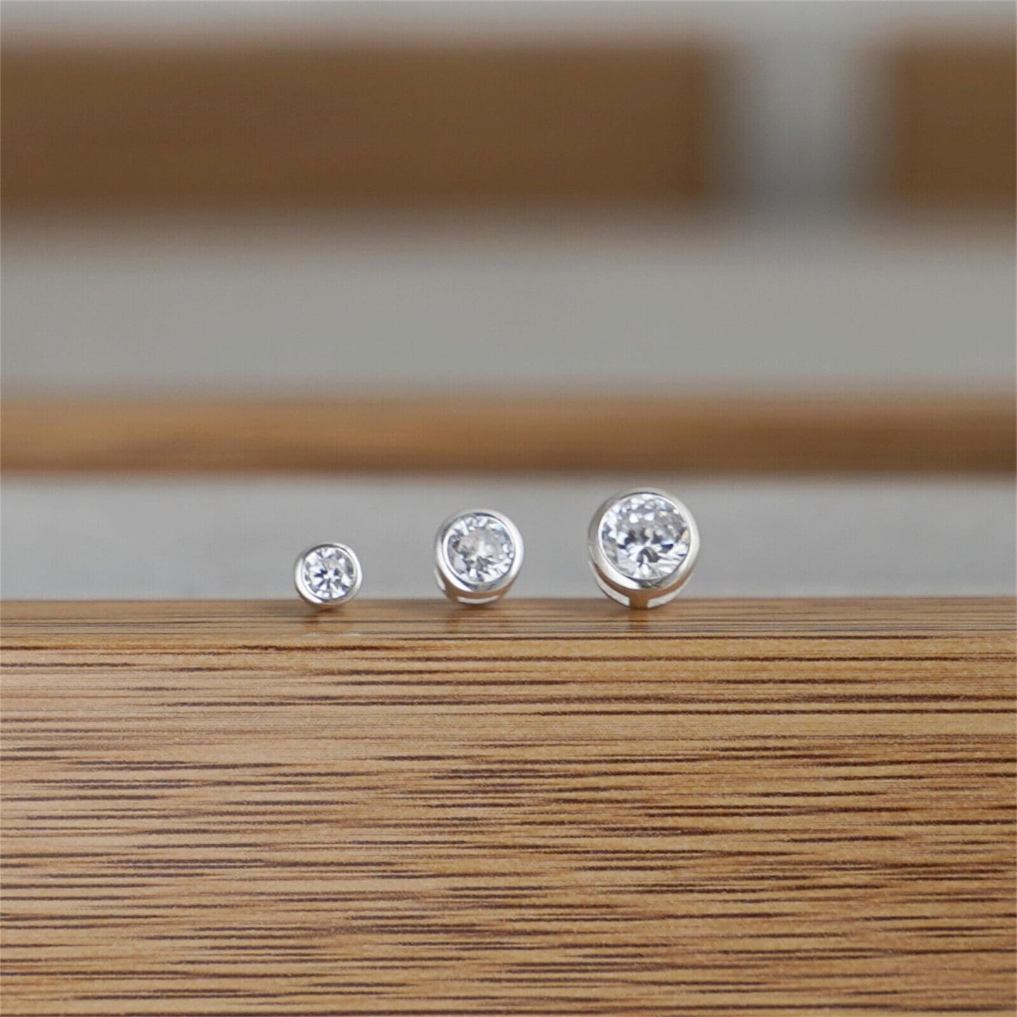 Sterling Silver CZ Solitaire Stud Earrings Round Bezel Set, Simulated Diamond, 3mm-8mm, Clear & Black, Unisex