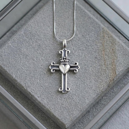 Sterling Silver Oxidised Fleury Claddagh Cross Pendant Heart Crown Love Symbol