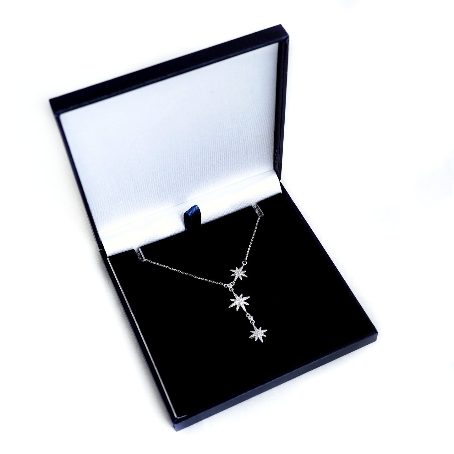 Sterling Silver Y-Shape Sunburst Necklace with CZ Sunlight Stars - sugarkittenlondon