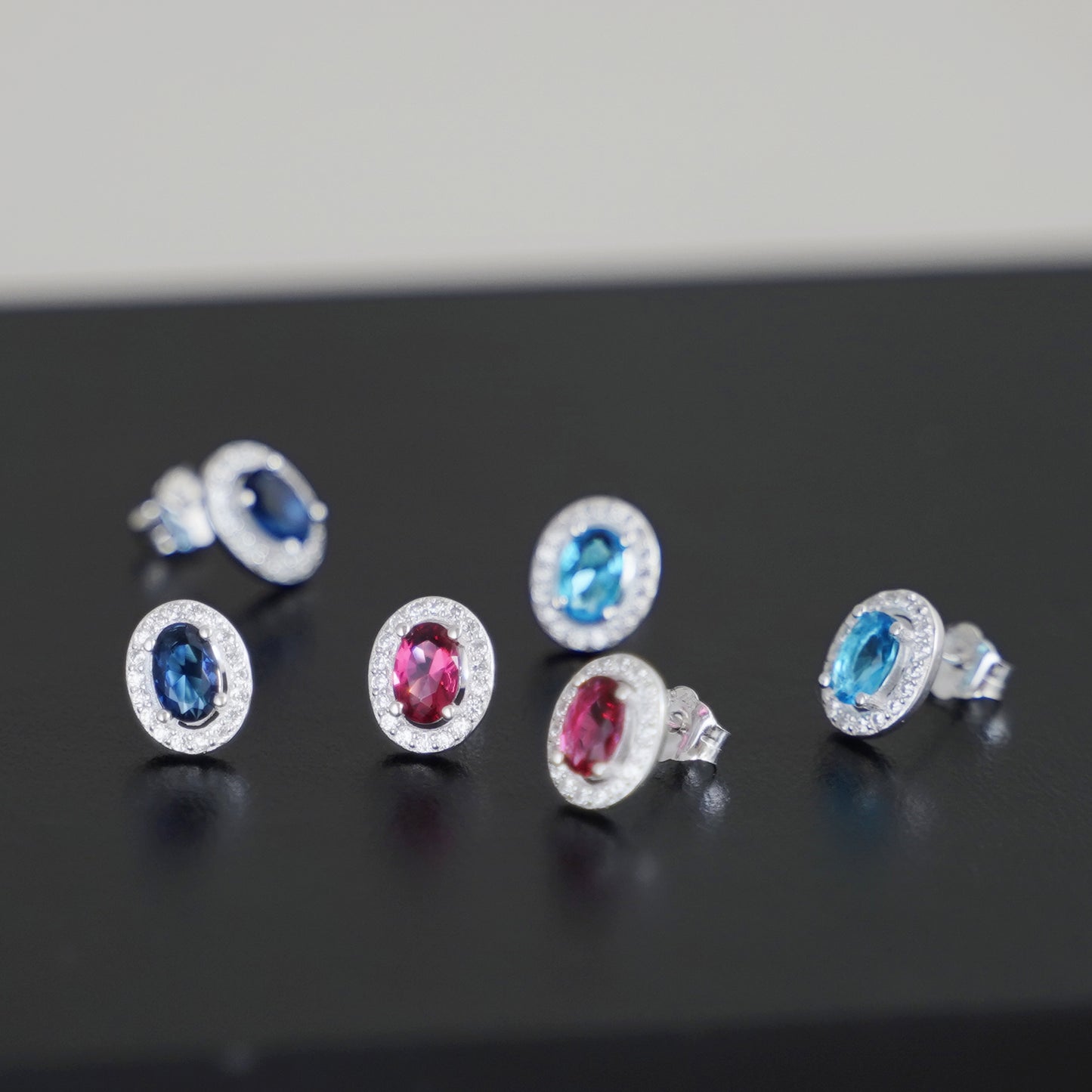 Sterling Silver Halo Stud Earrings Light Blue Aquamarine / Sapphire Blue / Ruby Red / Clear CZ 4mm x 6mm Main Stone