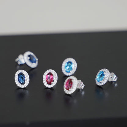 Sterling Silver Halo Stud Earrings Light Blue Aquamarine / Sapphire Blue / Ruby Red / Clear CZ 4mm x 6mm Main Stone