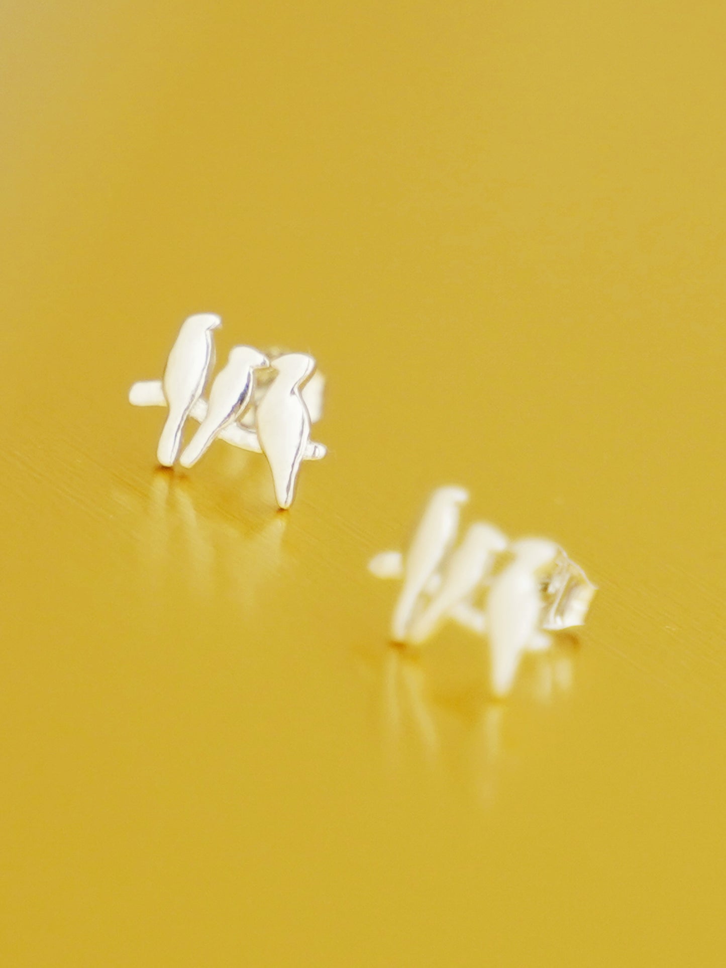 Sterling Silver Solid Three Birds on a Branch Line Post Stud Earrings