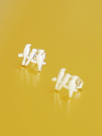Sterling Silver Solid Three Birds on a Branch Line Post Stud Earrings