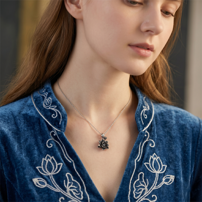 3D Lotus Flower charm pendant on necklace, dark oxidised petals with dotted center