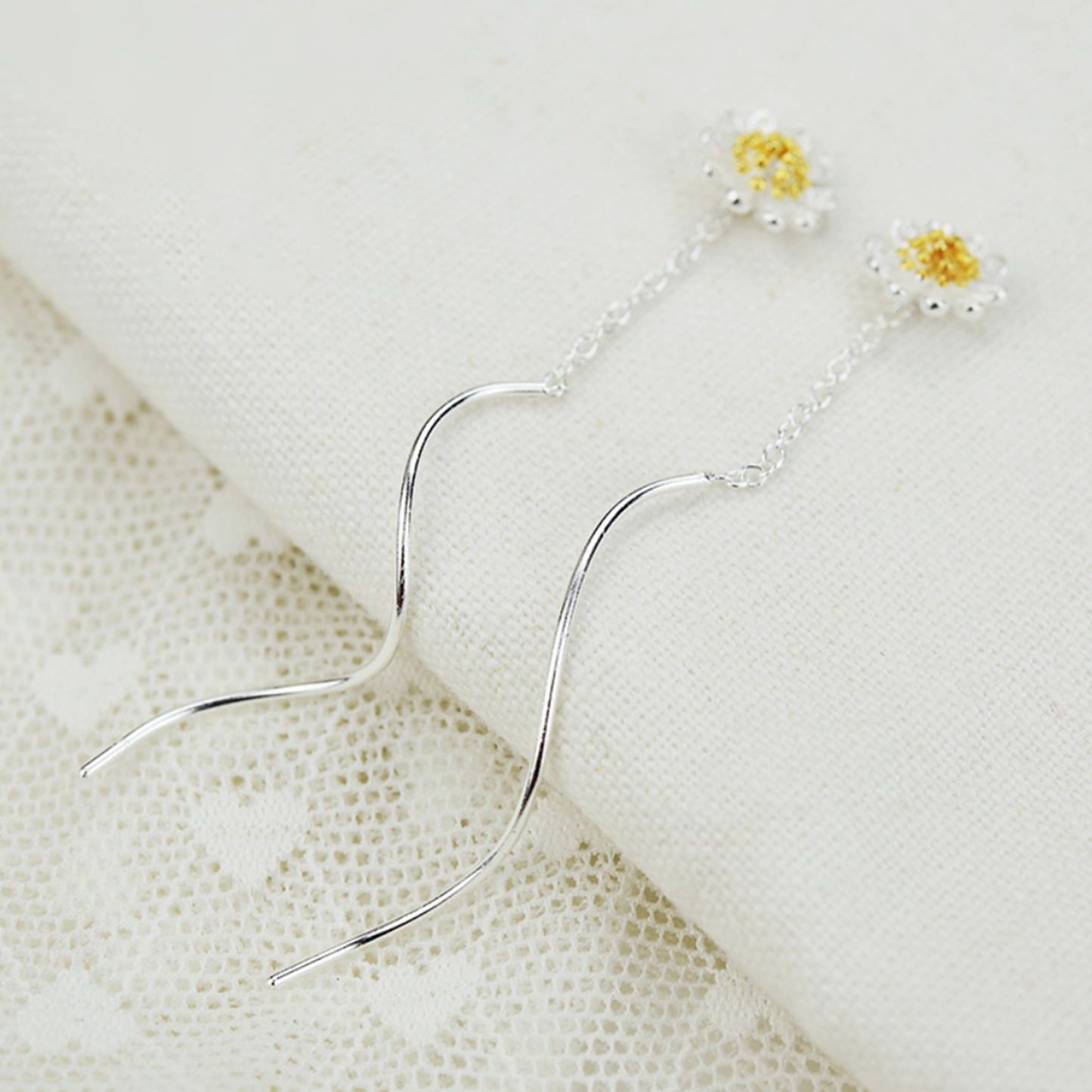 Wave Threader Dangle Earrings in Sterling Silver with Sun Flower Daisy Design - sugarkittenlondon