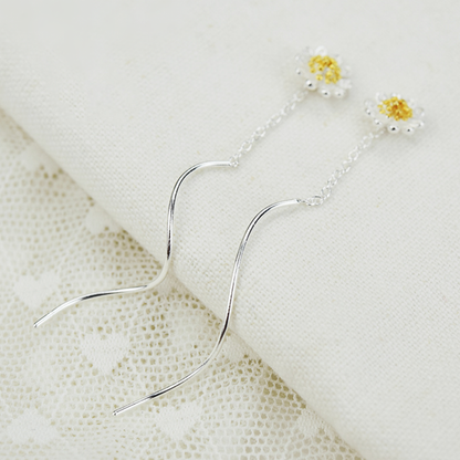 Wave Threader Dangle Earrings in Sterling Silver with Sun Flower Daisy Design - sugarkittenlondon