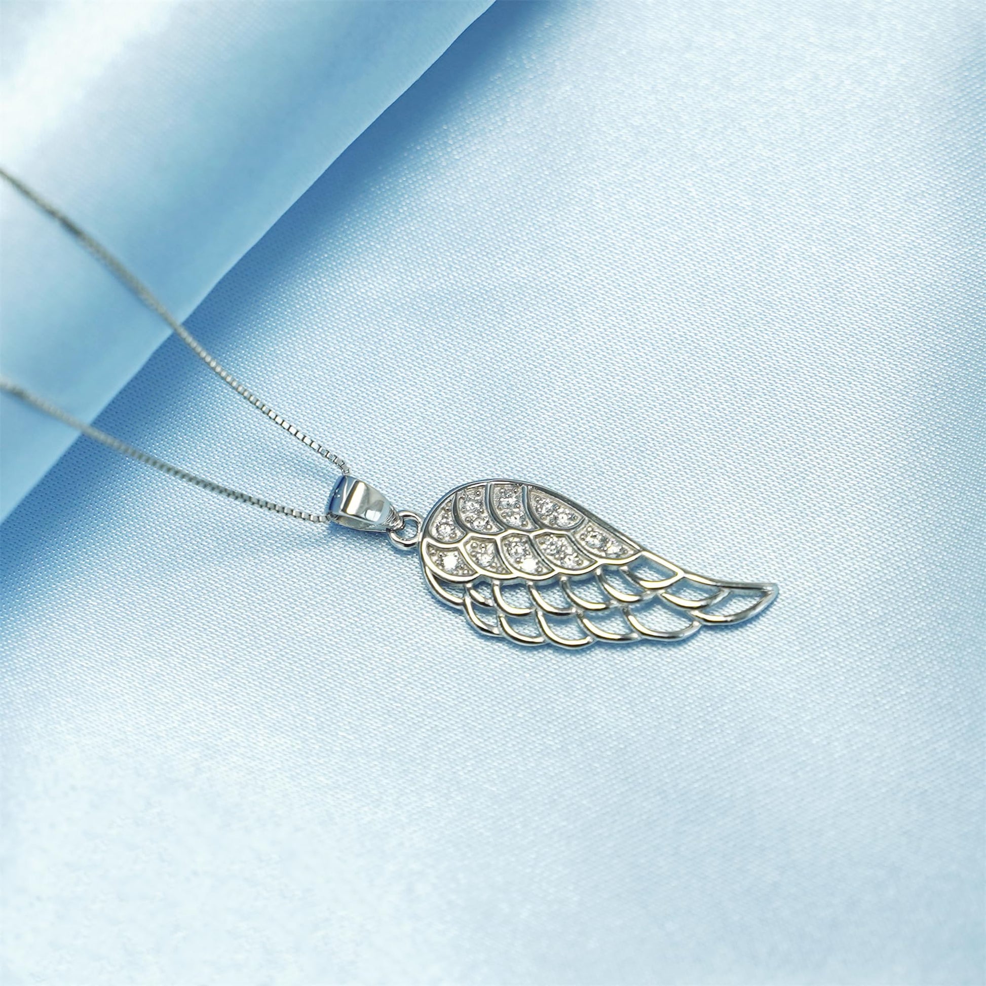 Minimalist Box Chain in Rhodium tone, angel wing charm with stones