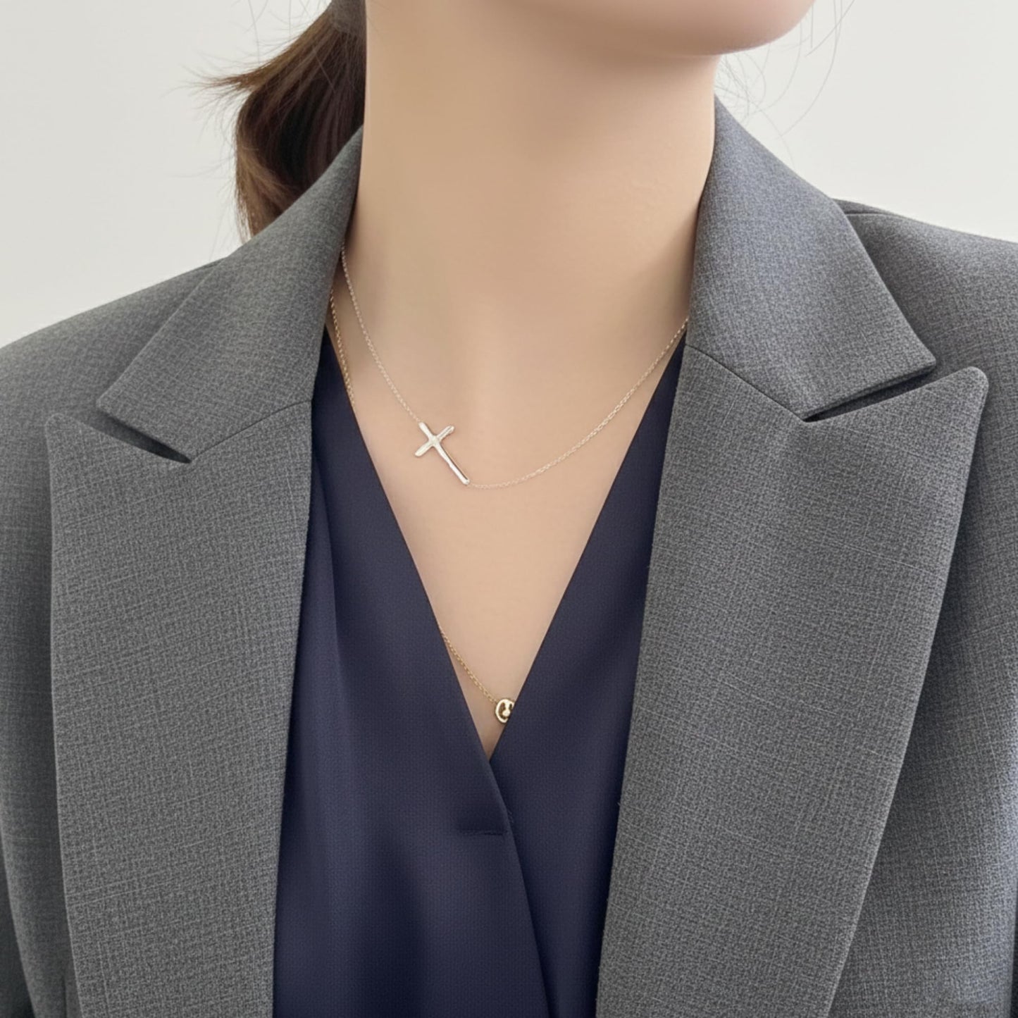 Sterling Silver Reversible Organic Texture Sideways Cross Necklace 42.5cm 16.7"