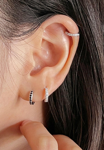 Sterling Silver 8mm 11mm Hoop Huggie White Black CZ Hinged Half Eternity Earrings