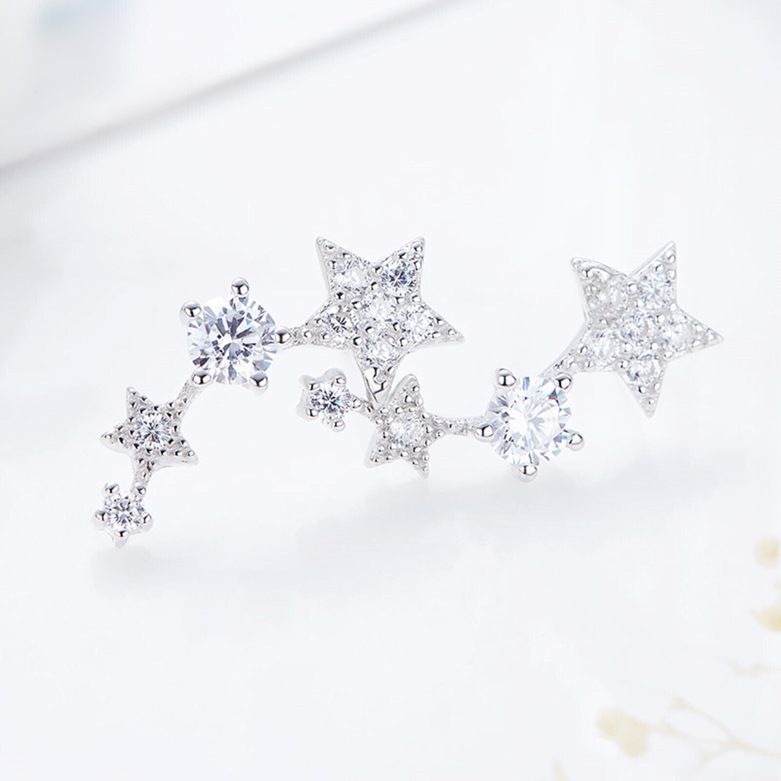 Rhodium on Sterling Silver Linked CZ Stars Climber Crawler Drop Stud Earrings - sugarkittenlondon