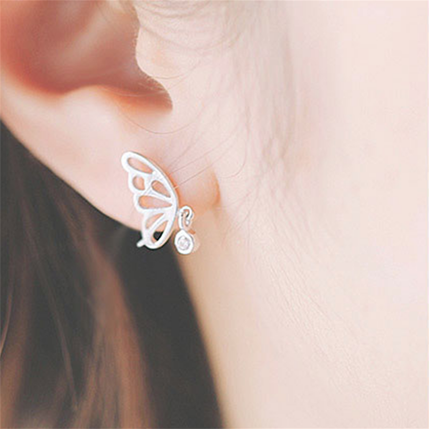 925 Sterling Silver Butterfly Wing Stud Earrings with CZ Drop Dangle - sugarkittenlondon