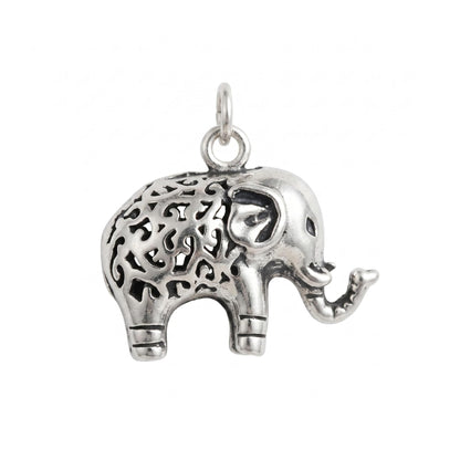Sterling Silver Filigree 3D Elephant w Raised Trunk Pendant Charm