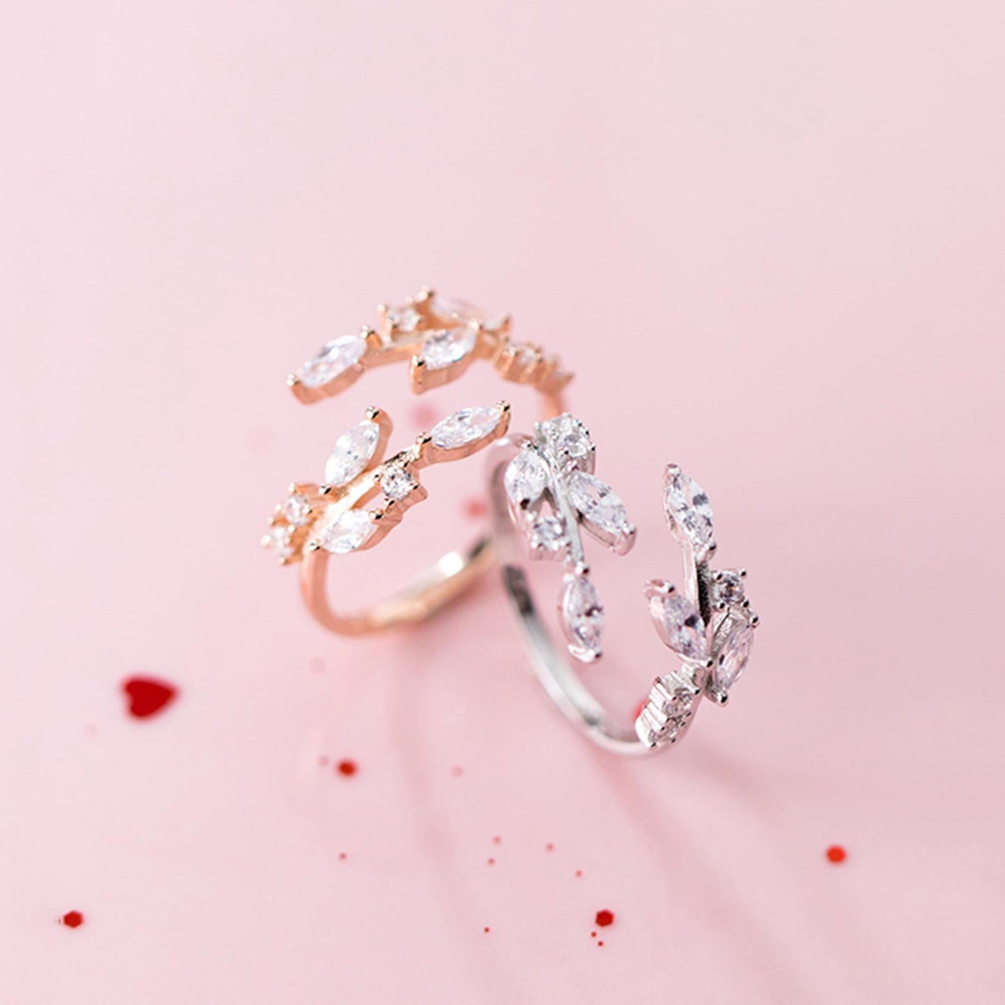 Sterling Silver CZ Leaf Branch Ring Rhodium Rose Gold
