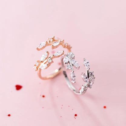 Sterling Silver CZ Leaf Branch Ring Rhodium Rose Gold