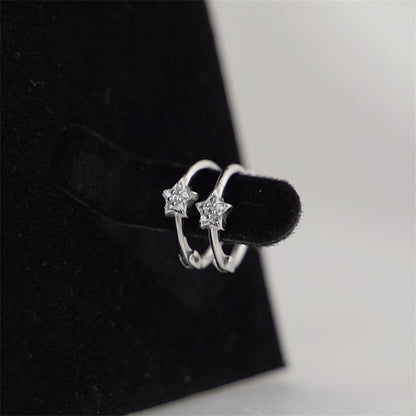 Sterling Silver Star CZ Hinged 9mm Hoop Huggie Earrings