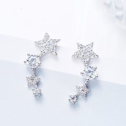 Rhodium on Sterling Silver Linked CZ Stars Climber Crawler Drop Stud Earrings - sugarkittenlondon