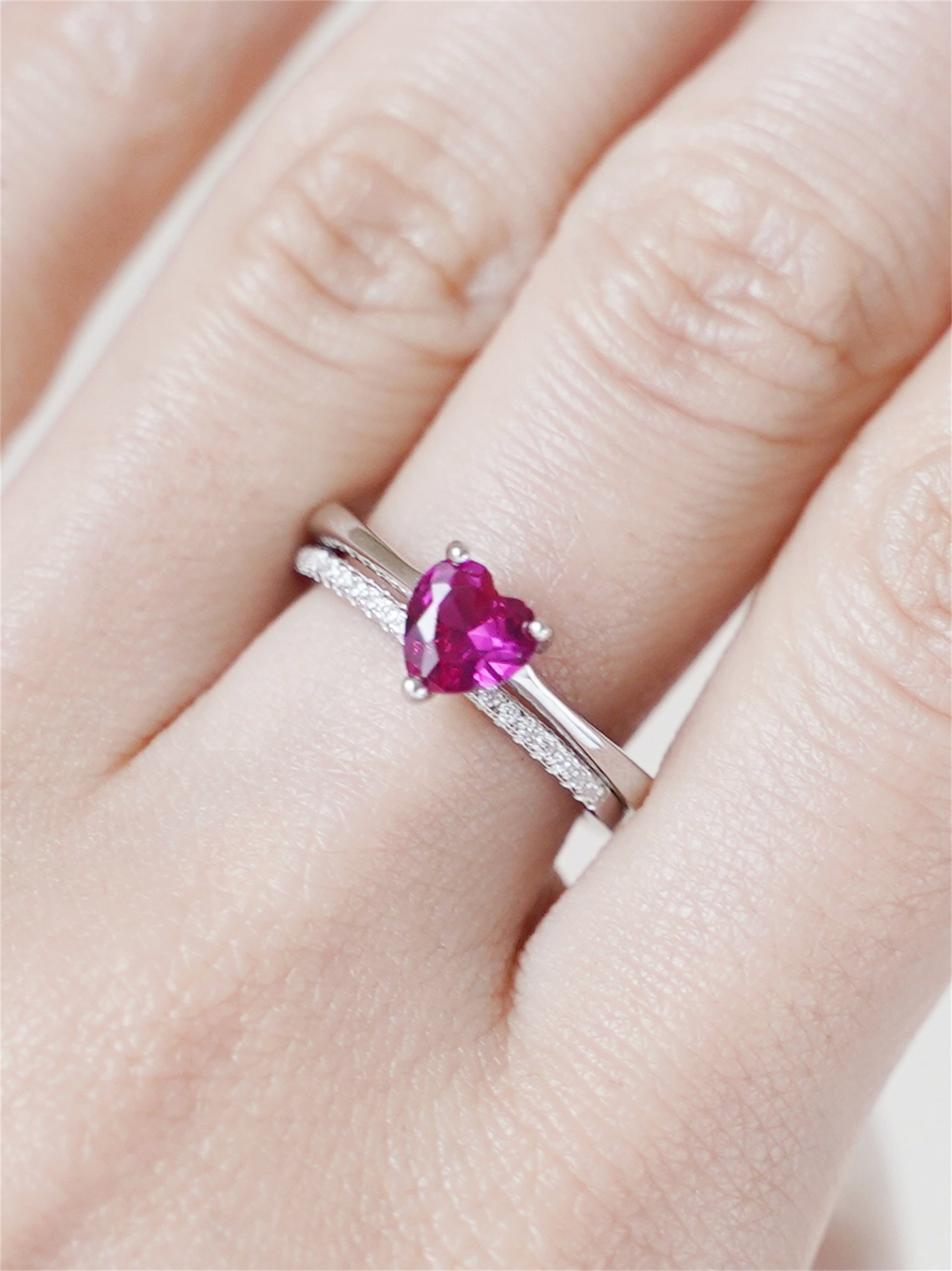 Rhodium on Sterling Silver Solitaire Heart Shaped Cut Magenta CZ Sizable Ring - sugarkittenlondon