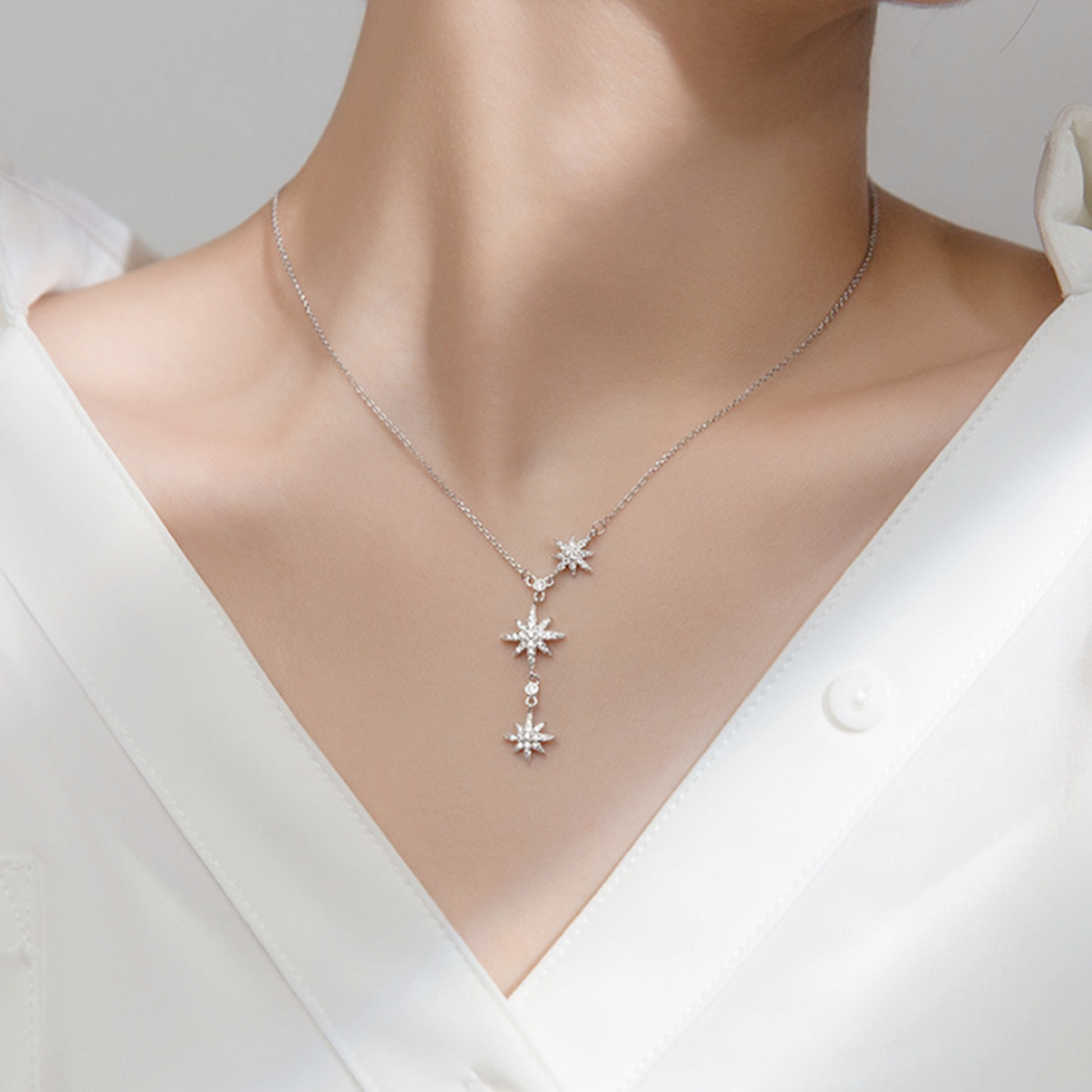 Sterling Silver Y-Shape Sunburst Necklace with CZ Sunlight Stars - sugarkittenlondon