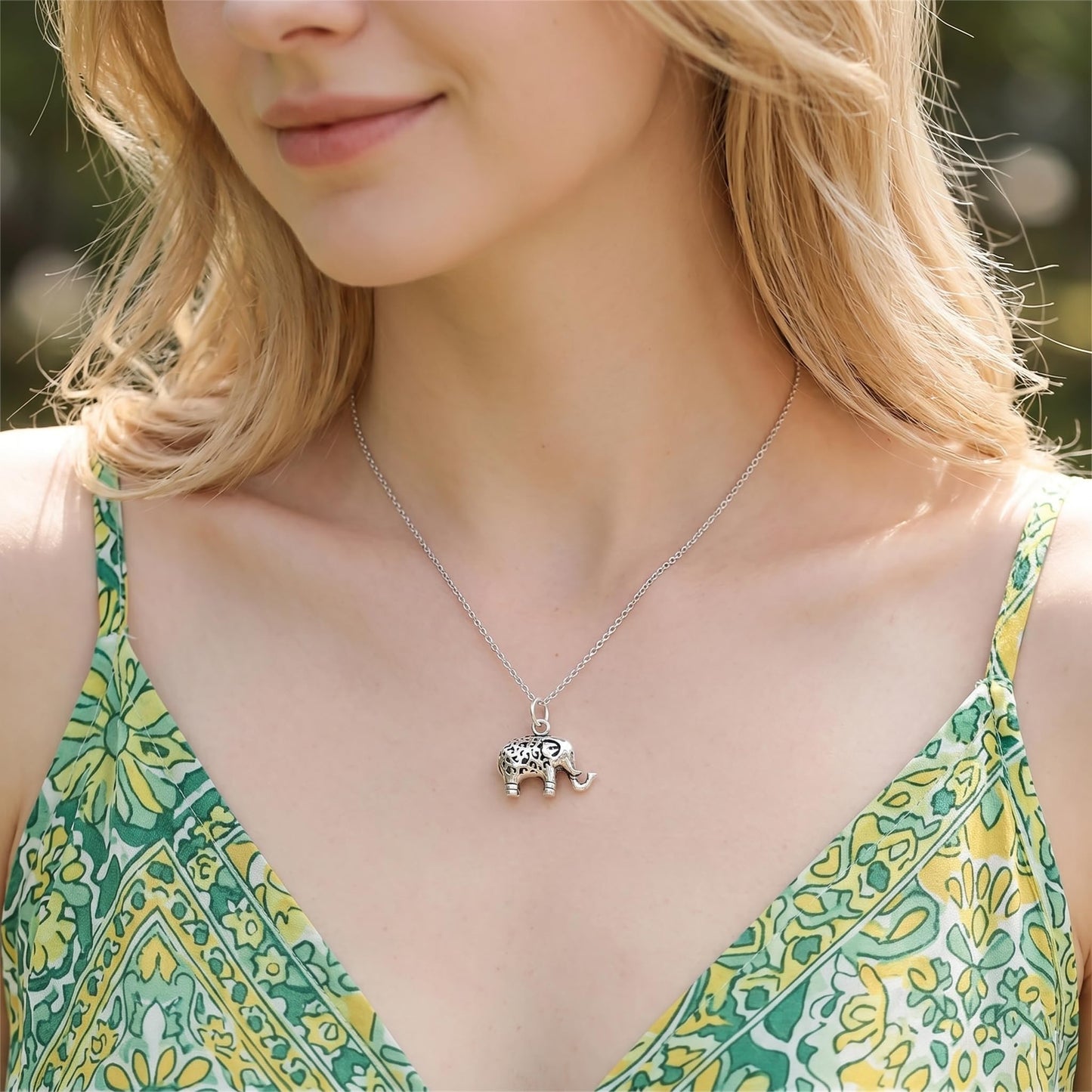 Sterling Silver Filigree 3D Elephant w Raised Trunk Pendant Charm