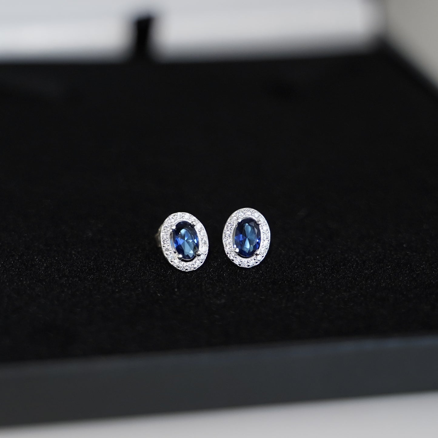 Sterling Silver Halo Stud Earrings Light Blue Aquamarine / Sapphire Blue / Ruby Red / Clear CZ 4mm x 6mm Main Stone