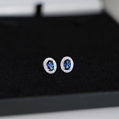 Sterling Silver Halo Stud Earrings Light Blue Aquamarine / Sapphire Blue / Ruby Red / Clear CZ 4mm x 6mm Main Stone