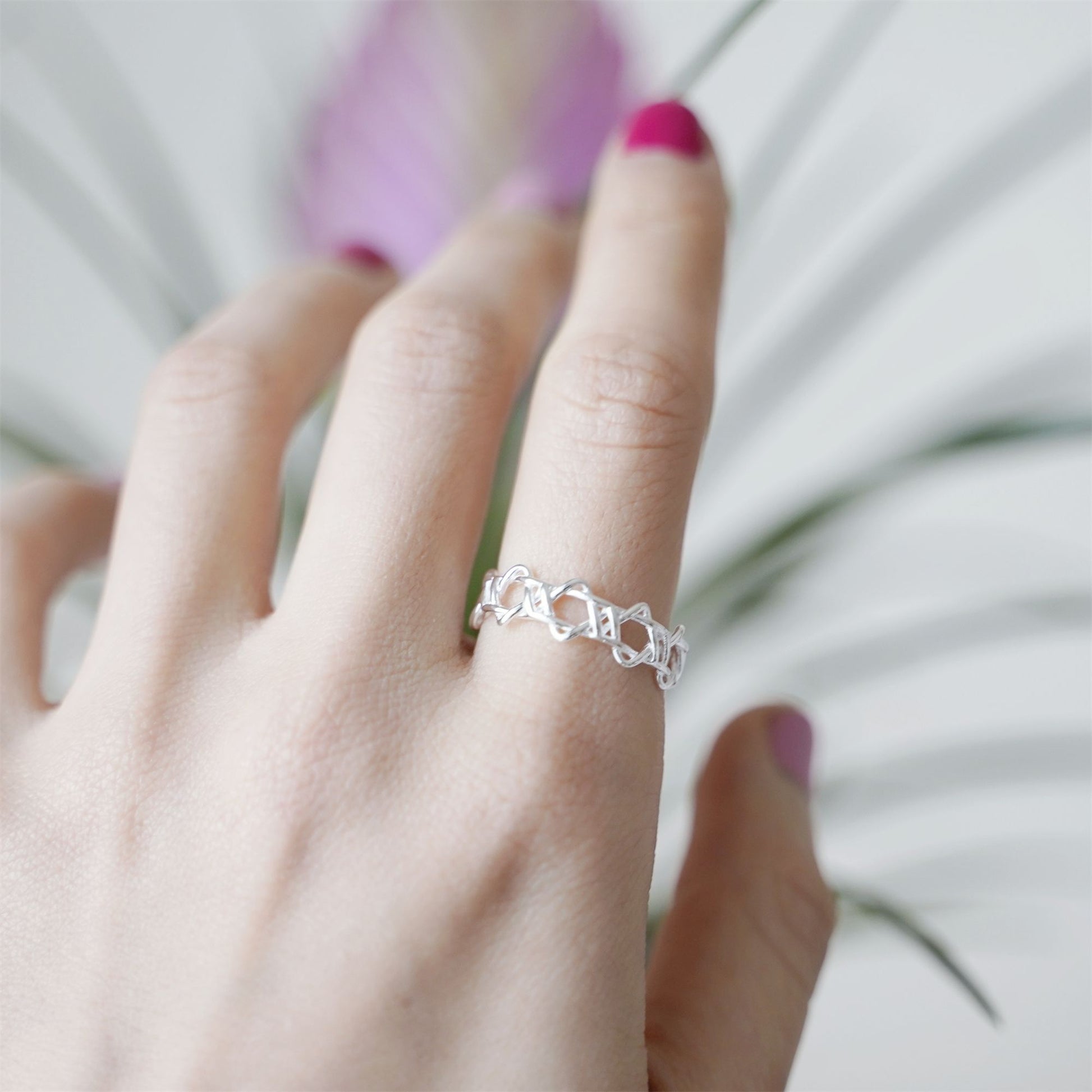 Sterling Silver Open Band Linked Hollow Star of David Hex Stars Ring 4 Tones - sugarkittenlondon