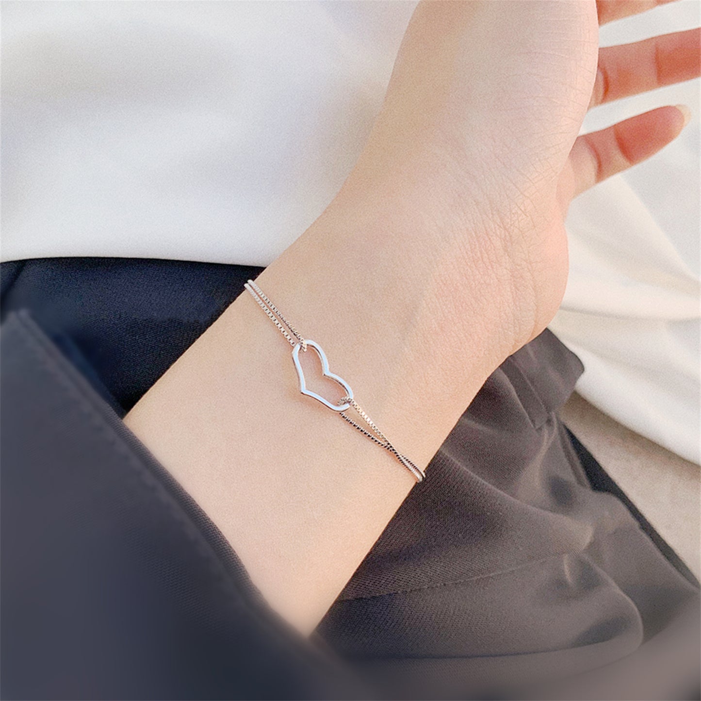 Rhodium on Sterling Silver Floating Love Heart Bracelet with Double Box Chain - sugarkittenlondon