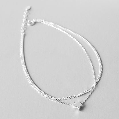 2 Layer Sterling Silver Curb Belcher Chain Anklet with Star Charms - 19cm + 3cm - sugarkittenlondon