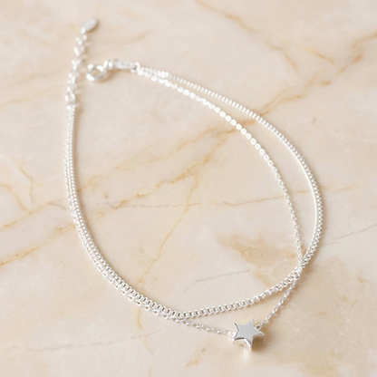 Double-layer star anklet with small star charm on silver-toned chains