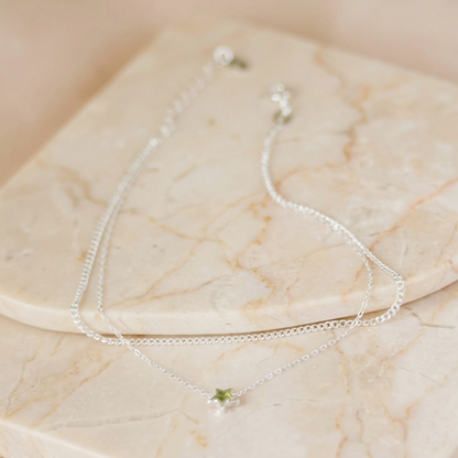 Double-layer star anklet with green star charm on silver-toned chains