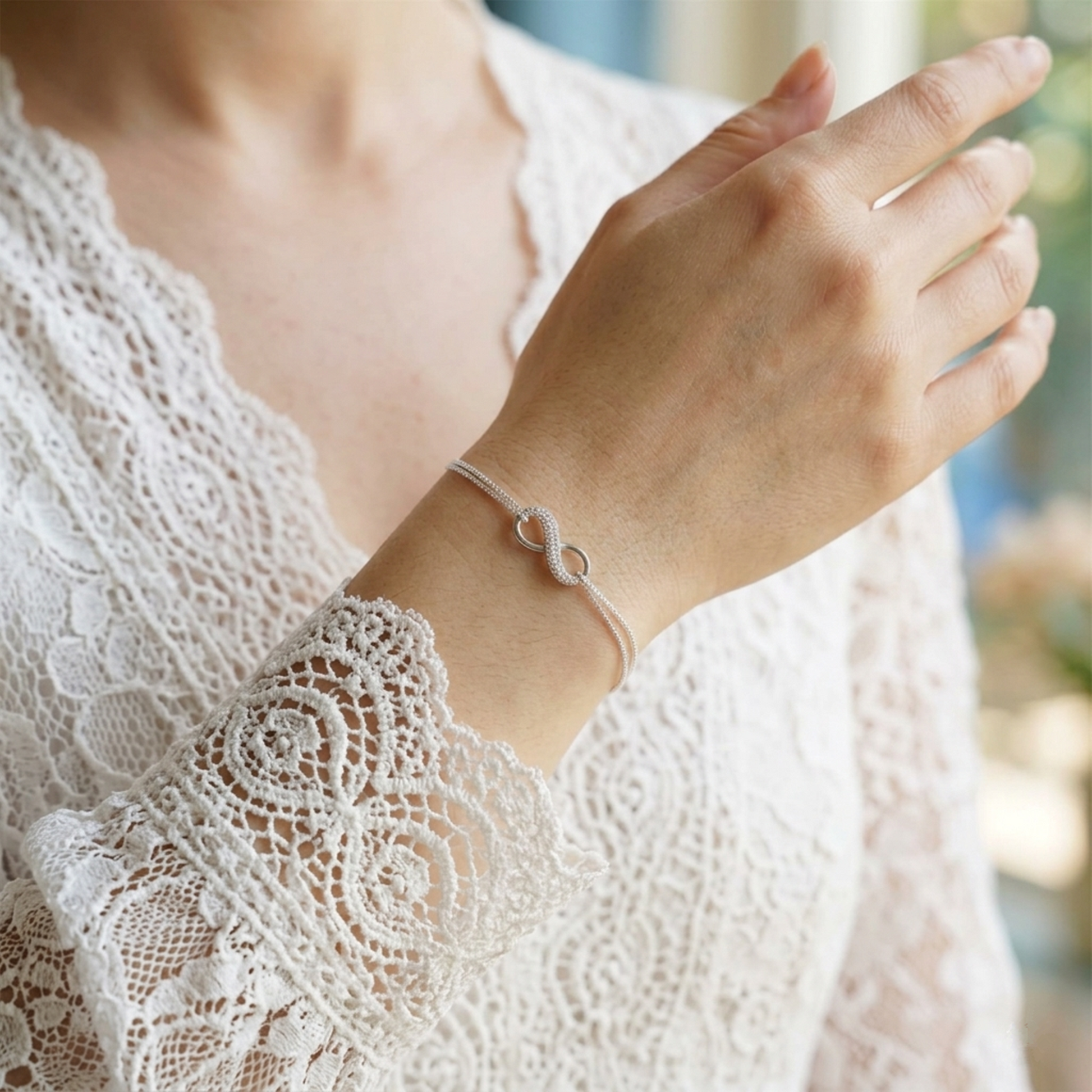 CZ infinity bracelet worn with lace top; silver-tone chain and infinity charm