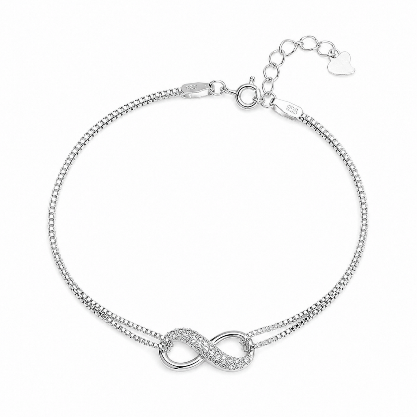 Silver CZ infinity bracelet with double infinity charm and adjustable chain