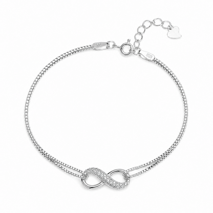 Silver CZ infinity bracelet with double infinity charm and adjustable chain