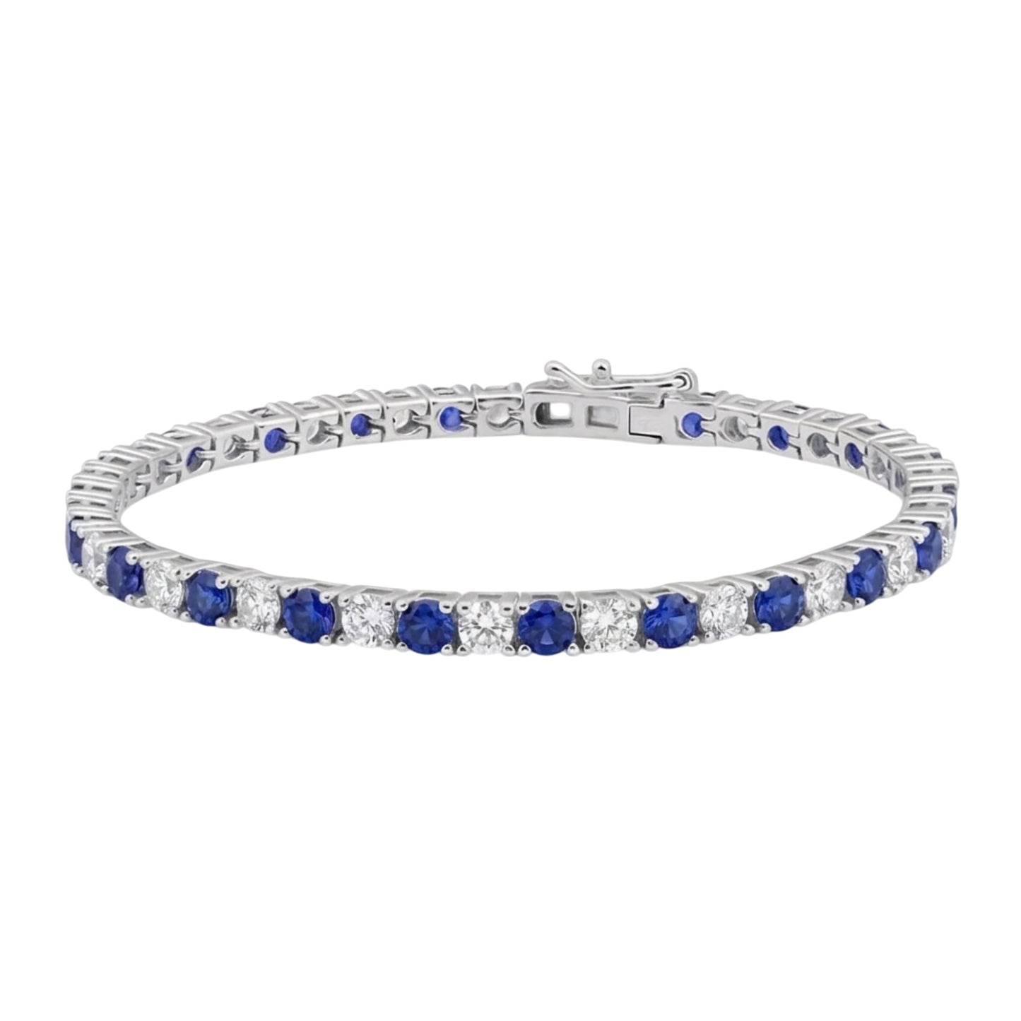 Sapphire tennis bracelet with alternating blue gemstones and clear diamond accents