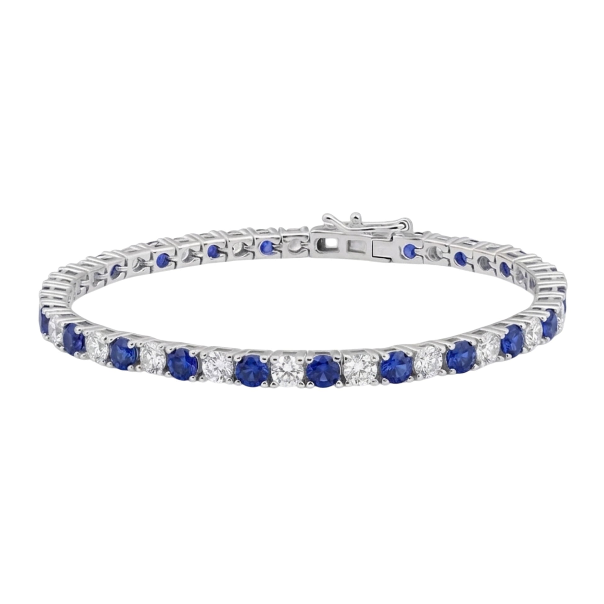 Sapphire tennis bracelet with alternating blue gemstones and clear diamond accents