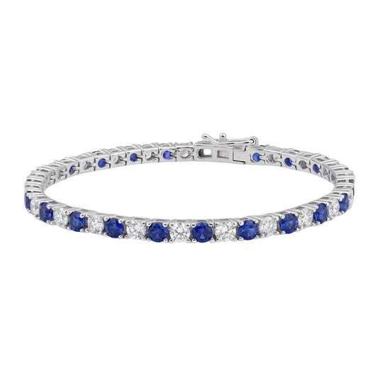 Rhodium on Sterling Silver Tennis Bracelet – 3mm Round Cubic Zirconia Simulated Sapphire & Diamond Stones, Box With Tongue & Safety Clasp, 6.5" - 8"