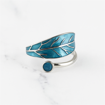 Sterling Silver Glazed Green Blue Tree Leaf Dot Wrap Open Band Ring