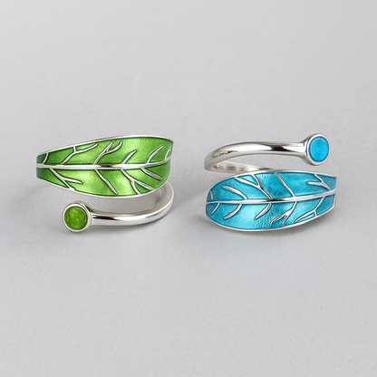 Sterling Silver Glazed Green Blue Tree Leaf Dot Wrap Open Band Ring