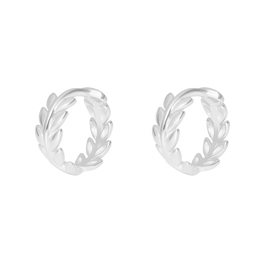 Sterling Silver Olive Laurie Branch Leaf Circle Hoop Huggie Earrings 2 Tones Rhodium 18K Gold