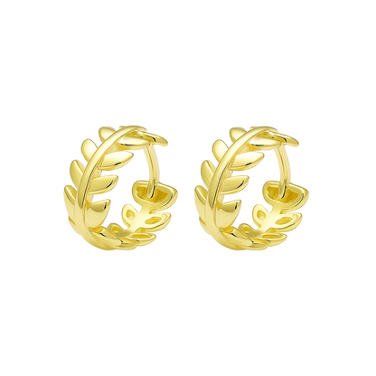 Sterling Silver Olive Laurie Branch Leaf Circle Hoop Huggie Earrings 2 Tones Rhodium 18K Gold